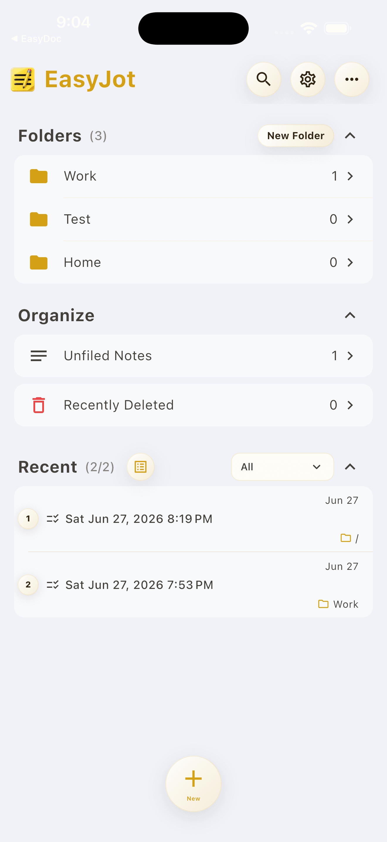 EasyJot mobile app screen